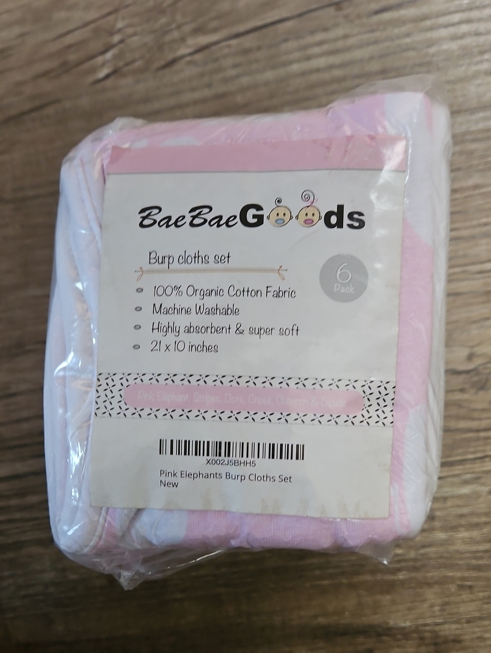 BaeBae Goods 6Pk Soft Organic Jersey Burp Cloths Pink Cloud Elephant NEW